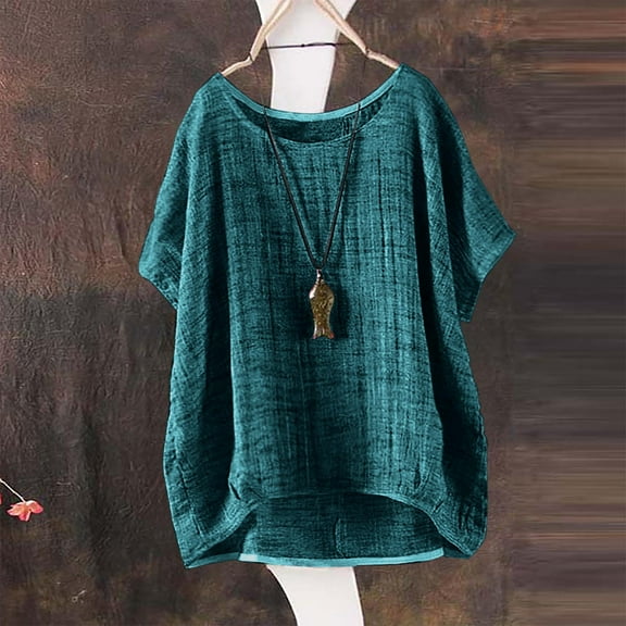 LIZUOJUNF Blue Blouses Womens Tops Blouse Summer Short Sleeve Solid Casual Loose Linen Top Womens' Button Down Shirt