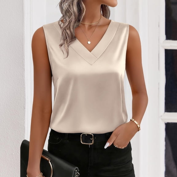 LIZUOJUNF Women's Pullover Blouses Satin Silk Shirts V Neck Sleeveless Casual Loose Work Tunic Tops