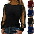 thumbnail image 1 of LIZUOJUNF Women's Sequin Blouses Shiny Glitter Mesh Tops Splice Sparkly Dressy Round Neck Long Sleeve Summer Casual Tee Tops, 1 of 9