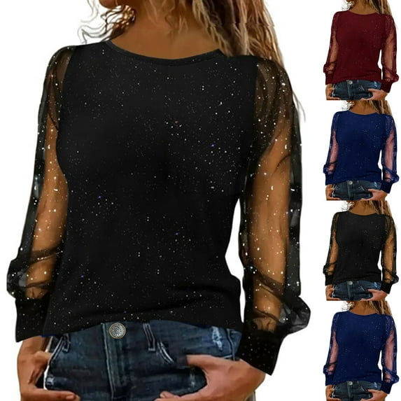 LIZUOJUNF Women's Sequin Blouses Shiny Glitter Mesh Tops Splice Sparkly Dressy Round Neck Long Sleeve Summer Casual Tee Tops