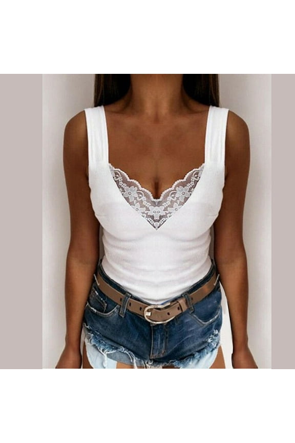 Womens Slim-Fit Thin Strap Tank Top Lace Camisole Tops Square Neck Ribbed Spaghetti Straps Sleeveless Summer Shirt White 3XL
