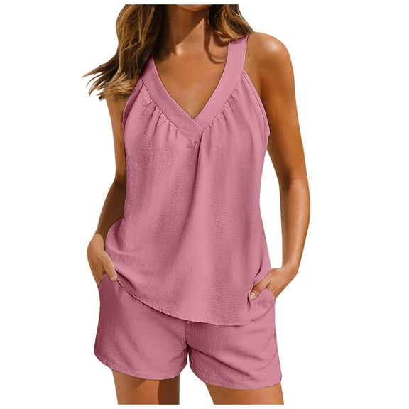 LIaqionyy 2 Piece Outfits for Women Lounge Pajama Set Sleeveless V Neck Tank Top and Short Pant Lounge Vacation Set