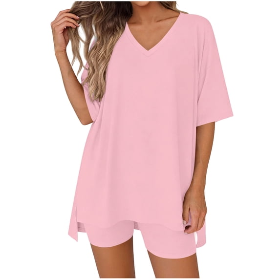 LIaqionyy 2 Piece Sets for Women Summer Lounge Short Sleeve Oversized V Neck Shirt Biker Shorts Outfits Set