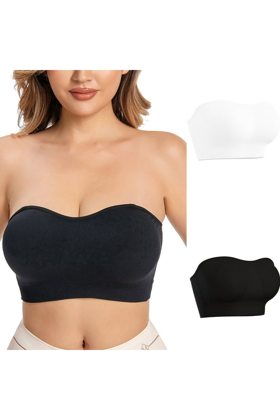 2PC Womens Strapless Bandeau Bras Casual No Underwire Breathable Padded Bralettes Stretch Comfy Tube Top Bra