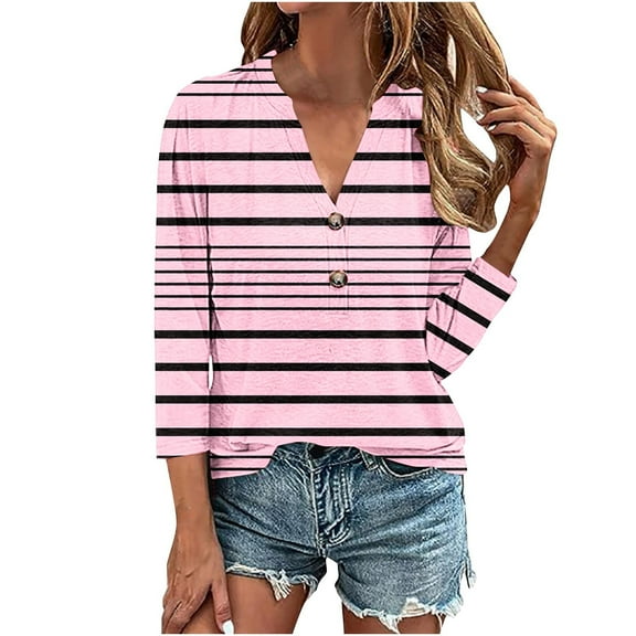 LIaqionyy 3/4 Length Sleeve for Womens Striped Tops V Neck Casual Tunic Tops Basic Shirts Loose Blouse Dressy Clothes S-4XL