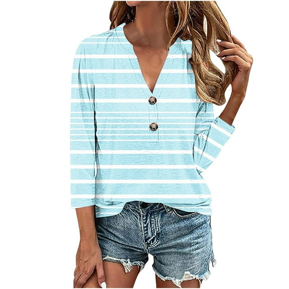 LIaqionyy 3/4 Length Sleeve for Womens Striped Tops V Neck Casual Tunic Tops Basic Shirts Loose Blouse Dressy Clothes S-4XL