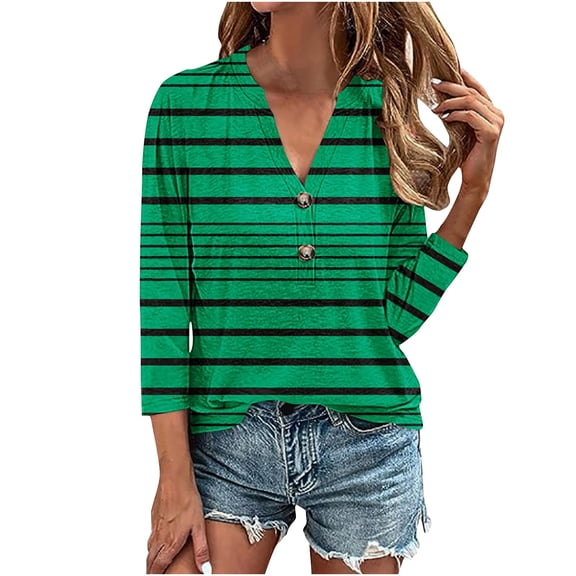 LIaqionyy 3/4 Length Sleeve for Womens Striped Tops V Neck Casual Tunic Tops Basic Shirts Loose Blouse Dressy Clothes S-4XL