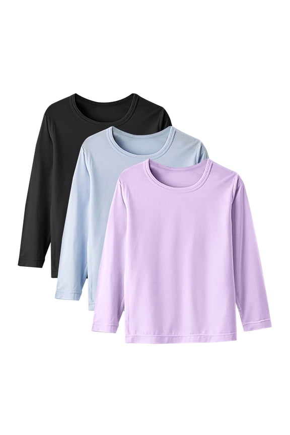 3 Pack Boys Long Sleeve Shirts Girls Casual Crew Neck Basic Tees Soft Kids Long Sleeve T-Shirts Tops