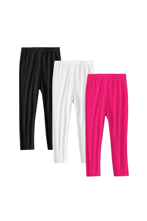 3 Pack Girls Leggings Ankle Length Comfortable Stretchy Solid Color Footless Tights Soft Pants for Kids