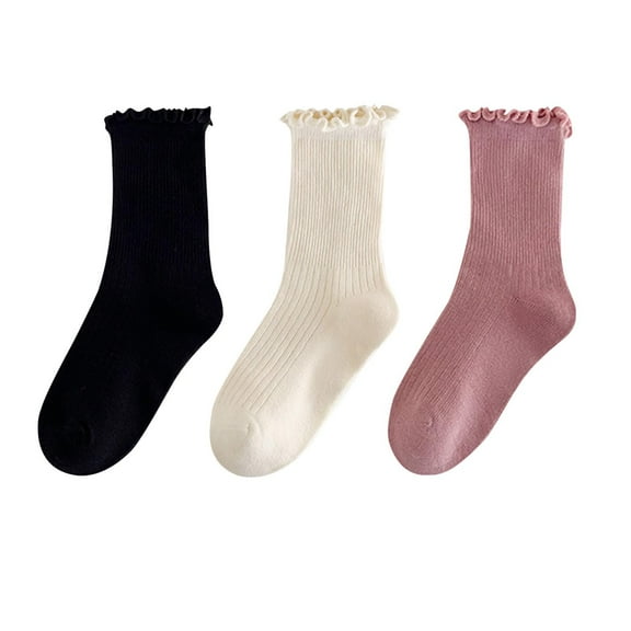 LIaqionyy 3 Pairs Kids Girls Cute Ruffle Crew Mid Calf Socks Soft Casual Basic Daily Cotton Socks Matching Dress Shoes