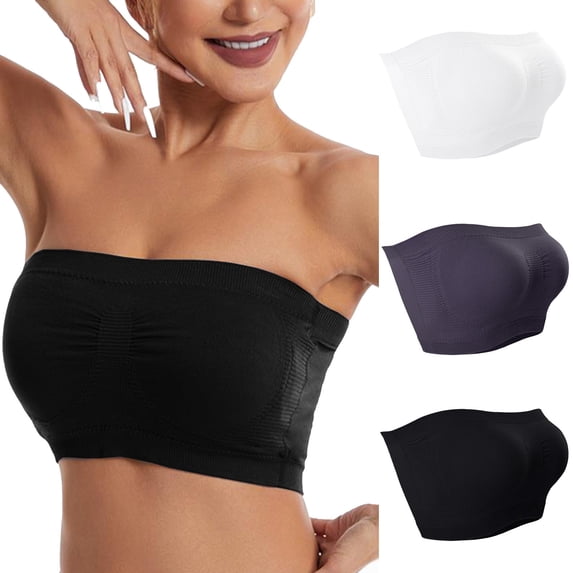 LIaqionyy 3Pc Women's Strapless Push Up Bandeau Bras Solid Color Seamless Wireless Padded Knitted Bralettes