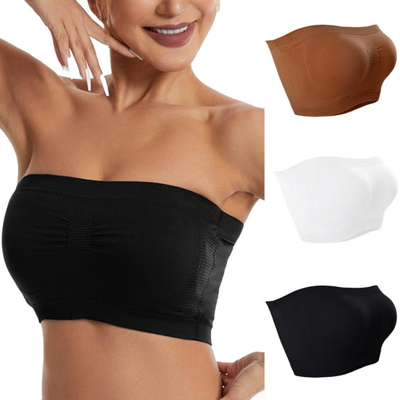 LIaqionyy 3Pc Women's Strapless Push Up Bandeau Bras Solid Color Seamless Wireless Padded Knitted Bralettes