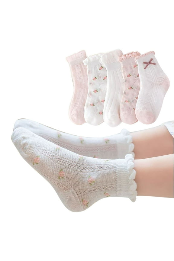 5 Pairs Cute Cotton Socks Colorful Patterned Crew Socks Teens Girls Ruffle Lace Embroidered Socks