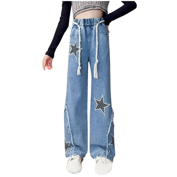 LIaqionyy Baggy Jeans for Girls Cute Star Patchwork High Waist Jeans Kids Streetwear Denim Cargo Pants with Pockets