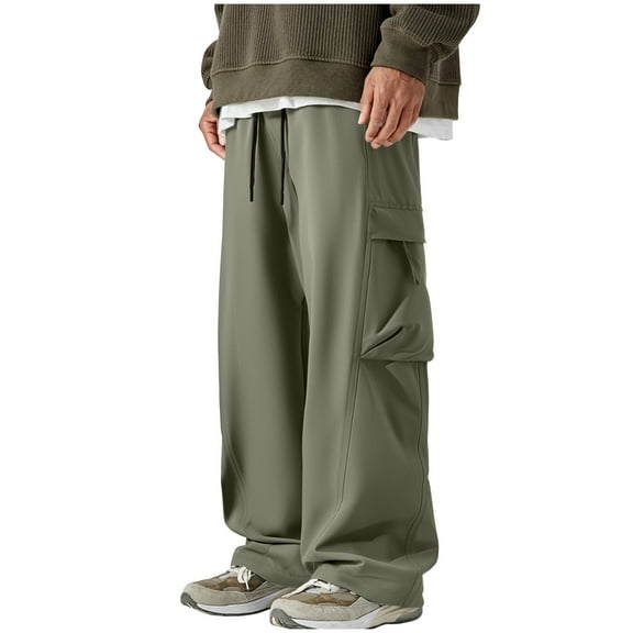 LIaqionyy Big and Tall Cargo Pants for Mens Wide Leg Casual Jogger Drawstring Streetwear Trousers Hiking Pant with Pocket