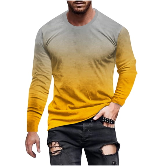 LIaqionyy Big and Tall Shirts for Mens Gradient Crew Neck Long Sleeve Casual Loose Pullover Fashion Tee Shirt Fall Tops