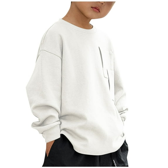 LIaqionyy Boys Shirts Kids Long Sleeve Soft Cotton Crewneck T Shirts Casual Fall Solid Color Tops Tees with Pocket