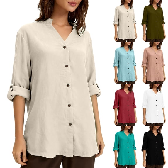 LIaqionyy Cotton Linen Shirts for Womens V Neck Button down Casual Blouses Lightweight Solid Color Long Sleeve Tops S-4XL