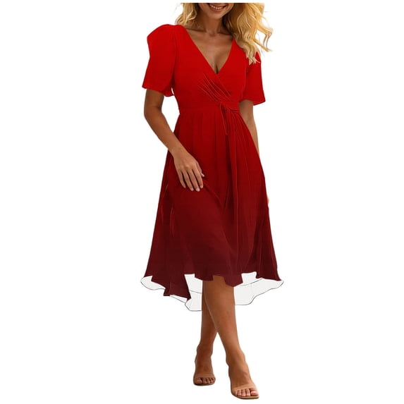 LIaqionyy Dresses for Women Summer Fashion Casual Short Sleeve V Neck Flowy Elegant Dress Vacation Sundress
