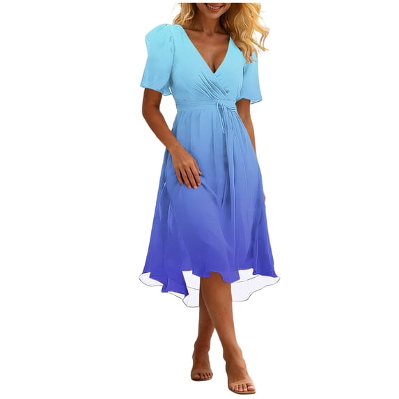LIaqionyy Dresses for Women Summer Fashion Casual Short Sleeve V Neck Flowy Elegant Dress Vacation Sundress