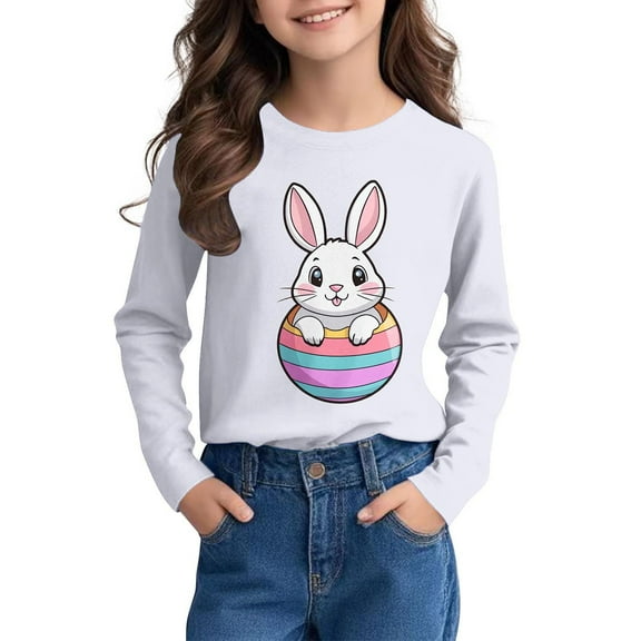 LIaqionyy Easter Tops for Kids Girls Boys Crewneck Bunny Eggs Graphic Tee Long Sleeve Casual Loose Festival T-Shirt 2-15 Years