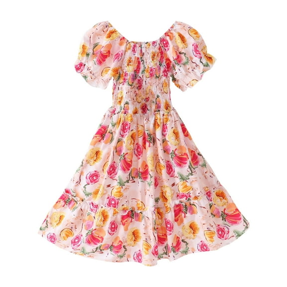 LIaqionyy Girl's Puff Short Sleeve Dress Kids Floral Casual Sundress Smocked Tiered Ruffle A Line Dresses 3-16 Years
