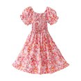 thumbnail image 1 of LIaqionyy Girl's Puff Short Sleeve Dress Kids Floral Casual Sundress Smocked Tiered Ruffle A Line Dresses 3-16 Years, 1 of 3