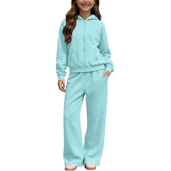 LIaqionyy Girls 2 Piece Outfits Sweatsuits Lounge Sets Long Sleeve Sweatshirt Jackets Wide Leg Pants Matching Set