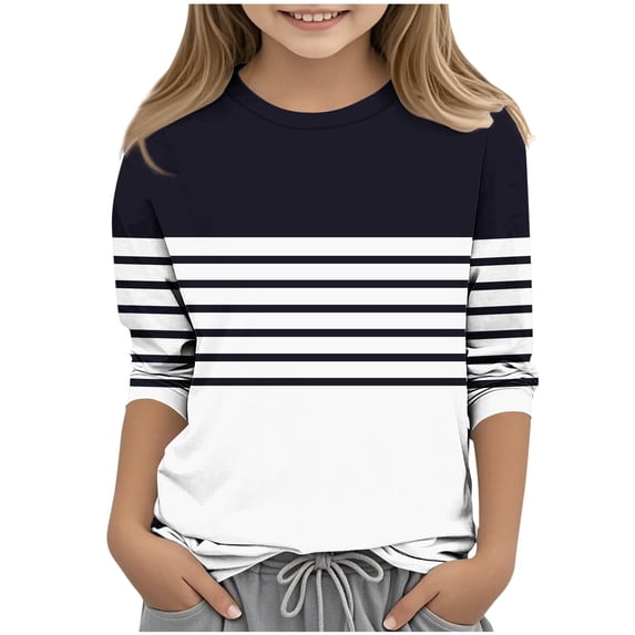 LIaqionyy Girls 3/4 Sleeve Tops Kids Striped Casual Crew Neck T Shirts Loose Color Block Tees