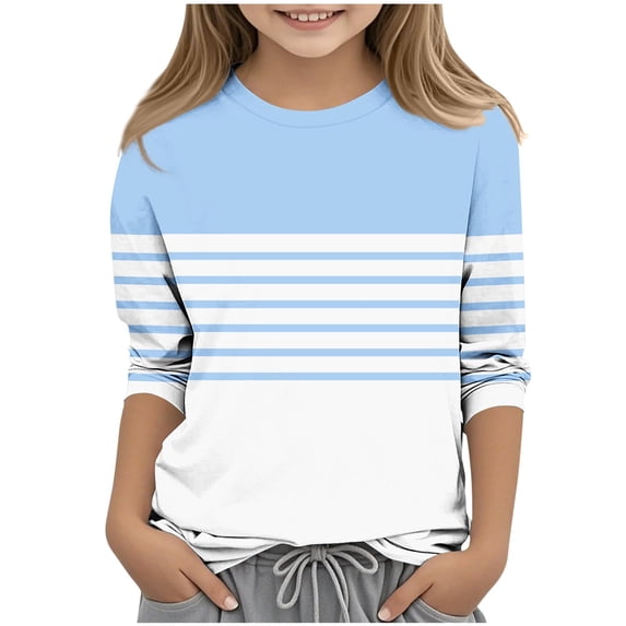 LIaqionyy Girls 3/4 Sleeve Tops Kids Striped Casual Crew Neck T Shirts Loose Color Block Tees