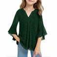 thumbnail image 1 of LIaqionyy Girls Blouses Ruffle 3/4 Sleeve V Neck Mesh Kids Loose Flowy Dressy Tunic Tops Party Fashion Clothes, 1 of 7