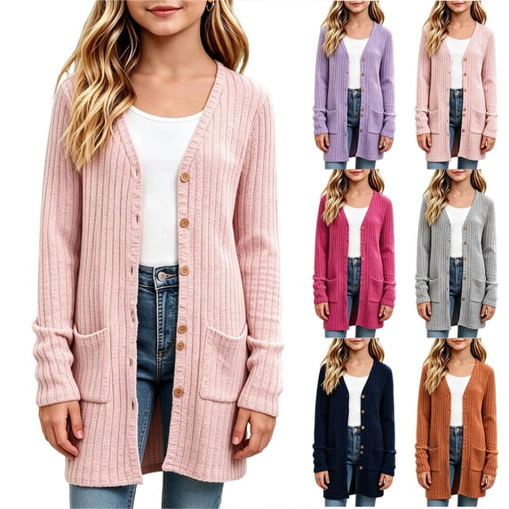 LIaqionyy Girls Cardigans Open Front Lightweight Button down Long Sleeve Kids Outerwear Fall Clothes with Pockets