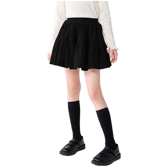 LIaqionyy Girls Corduroy Skirt Elastic Waist Pleated Ruffle Skirts Kids Casual Uniforms School Short Mini Skater