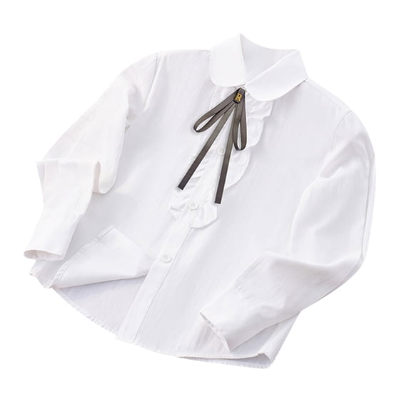 LIaqionyy Girls Cotton Button down Shirt Long Sleeve Collared Blouse with Bowknot School Uniform White Shirts