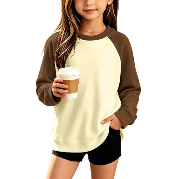 LIaqionyy Girls Fleece Sweatshirts Casual Loose Crew Neck Pullover Color Block Long Sleeve Tops Kids Comfortable Sweatshirt