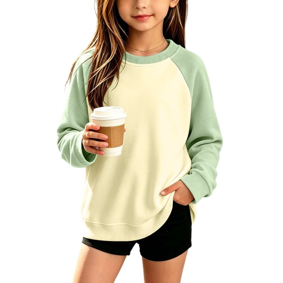 LIaqionyy Girls Fleece Sweatshirts Casual Loose Crew Neck Pullover Color Block Long Sleeve Tops Kids Comfortable Sweatshirt