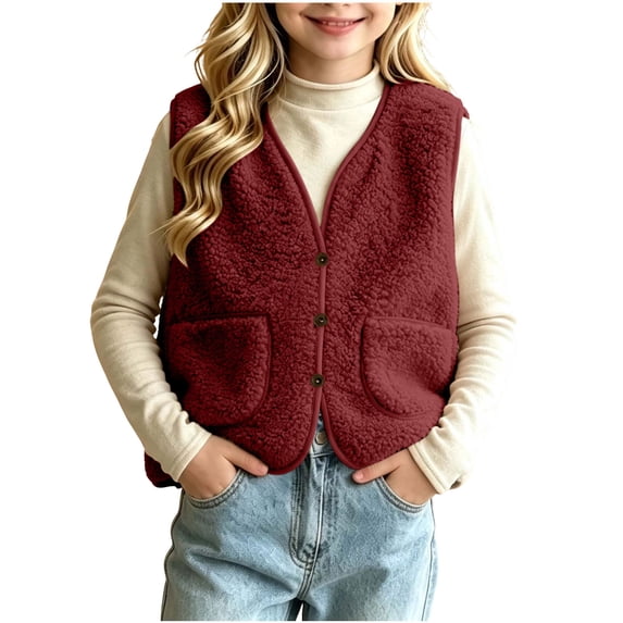 LIaqionyy Girls Fleece Vest V Neck Sleeveless Outerwear Kids Casual Lightweight Button down Sherpa Waistcoat with Pocket