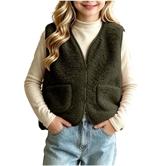 LIaqionyy Girls Fleece Vest V Neck Sleeveless Outerwear Kids Casual Lightweight Button down Sherpa Waistcoat with Pocket