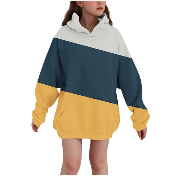 LIaqionyy Girls Hoodies Kids Long Pullover Sweatshirt Winter Color Block Sweatshirts Fall Tops with Pocket