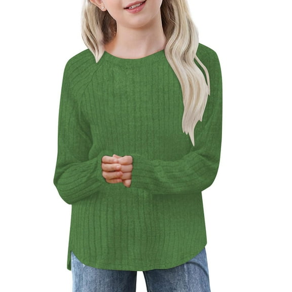 LIaqionyy Girls Knit Tops Long Sleeve Crewneck Side Split Sweater Casual Trendy Ribbed Pullover Kids Comfy Lightweight Clothes