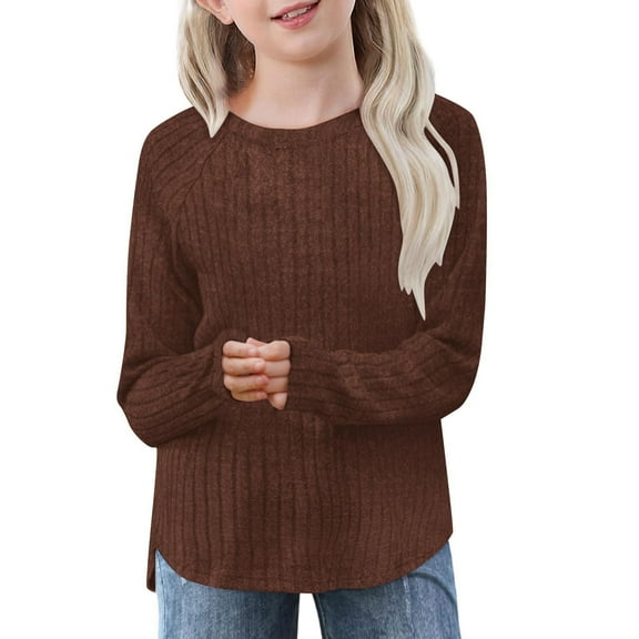 LIaqionyy Girls Knit Tops Long Sleeve Crewneck Side Split Sweater Casual Trendy Ribbed Pullover Kids Comfy Lightweight Clothes