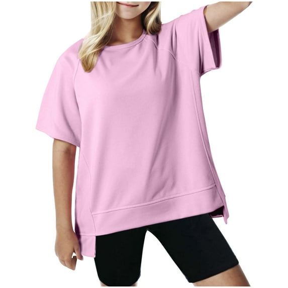 LIaqionyy Girls Lightweight Sweatshirts Casual Crewneck Short Sleeve Pullover Tops Basic Solid Color T-Shirts