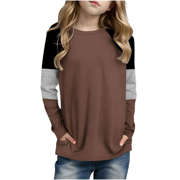 LIaqionyy Girls Long Sleeve Shirts Casual Striped Color Block Top with Pockets Trendy Uniforms T Shirt Fall