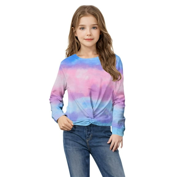 LIaqionyy Girls Long Sleeve Sweatshirt Casual Tie Dye Twist Front Long Sleeve Crop Tops Kids Lightweight Daily Clothes