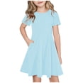 thumbnail image 1 of LIaqionyy Girls Short Sleeve Dress A Line Skater Solid Color Dresses Crew Neck Sundress Clothes with Pockets, 1 of 7