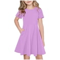 thumbnail image 1 of LIaqionyy Girls Short Sleeve Dress A Line Skater Solid Color Dresses Crew Neck Sundress Clothes with Pockets, 1 of 7