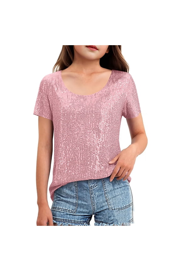 Girls Sparkly Sequin T Shirts Crewneck Short Sleeve Summer Beach Vacation Party Tops Clothes