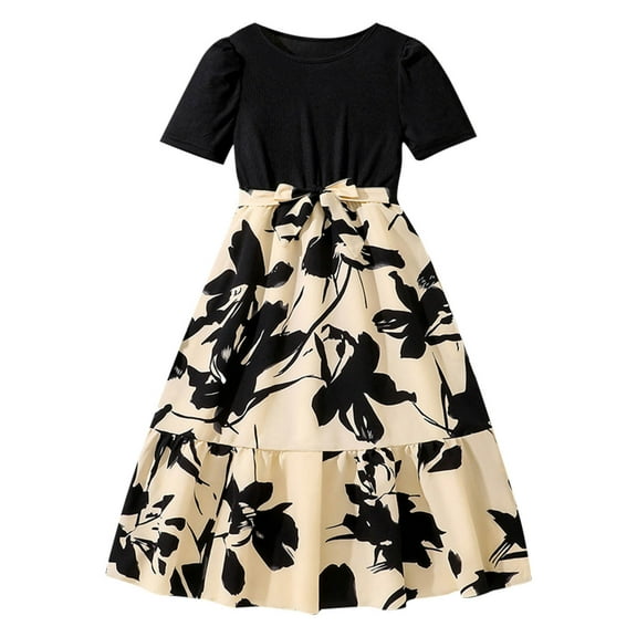 LIaqionyy Girls Summer Floral Dress Short Sleeve Flowy Tiered Dresses Kids Casual Daily Party School Midi Dress