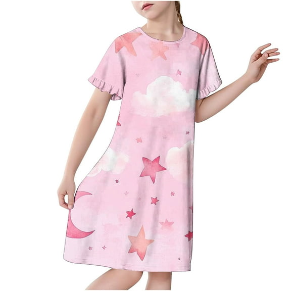 LIaqionyy Girls Summer Pajamas Dresses Casual Short Sleeves Crew Neck Knee Length Nightgowns Kids Soft Comfy House Dress
