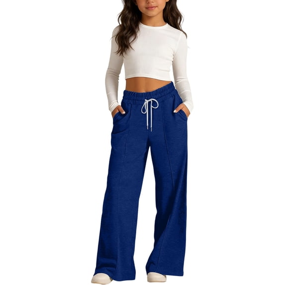 LIaqionyy Girls Sweatpants Casual Wide Leg Pants High Waisted Baggy Drawstring School Uniform Trouser with Pockets